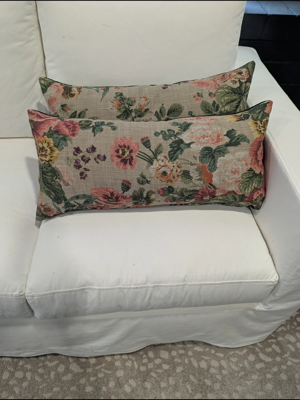 Floral Lumbar Throw Pillow - Beige with Pink & Green Covers Only